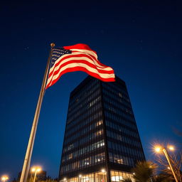 A striking image of an office building in America at night, bathed in soft glowing lights