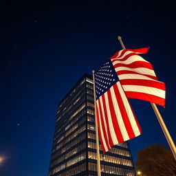 A striking image of an office building in America at night, bathed in soft glowing lights
