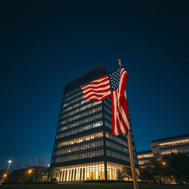 A striking image of an office building in America at night, bathed in soft glowing lights