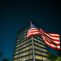 A striking image of an office building in America at night, bathed in soft glowing lights