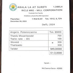 An electronic payslip for Angelo Potenciano, dated December 08, 2024, issued by Isabela La Suerte Rice Mill Corporation
