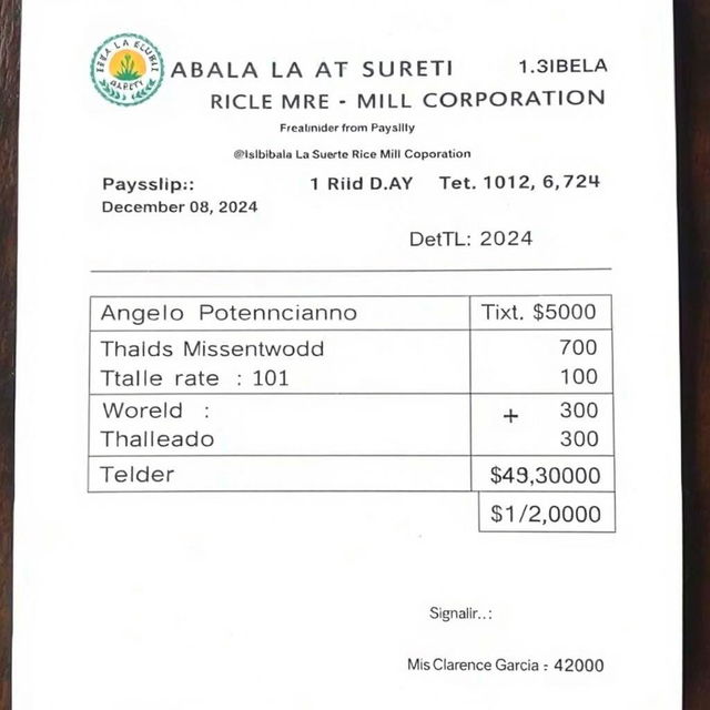 An electronic payslip for Angelo Potenciano, dated December 08, 2024, issued by Isabela La Suerte Rice Mill Corporation