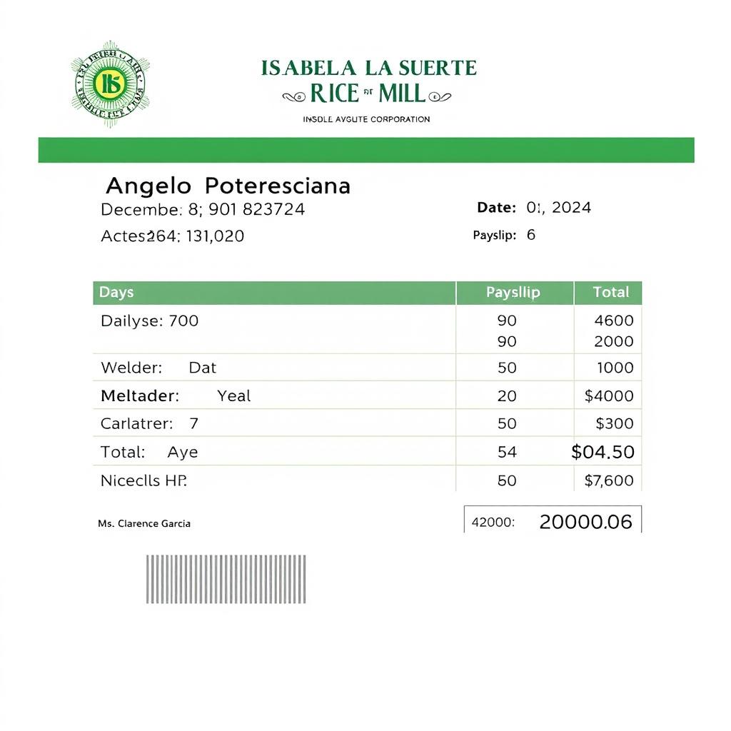 An electronic payslip for Angelo Potenciano, dated December 08, 2024, issued by Isabela La Suerte Rice Mill Corporation