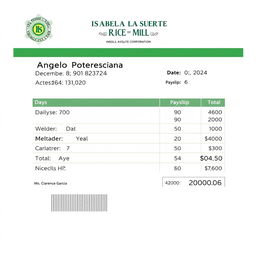 An electronic payslip for Angelo Potenciano, dated December 08, 2024, issued by Isabela La Suerte Rice Mill Corporation