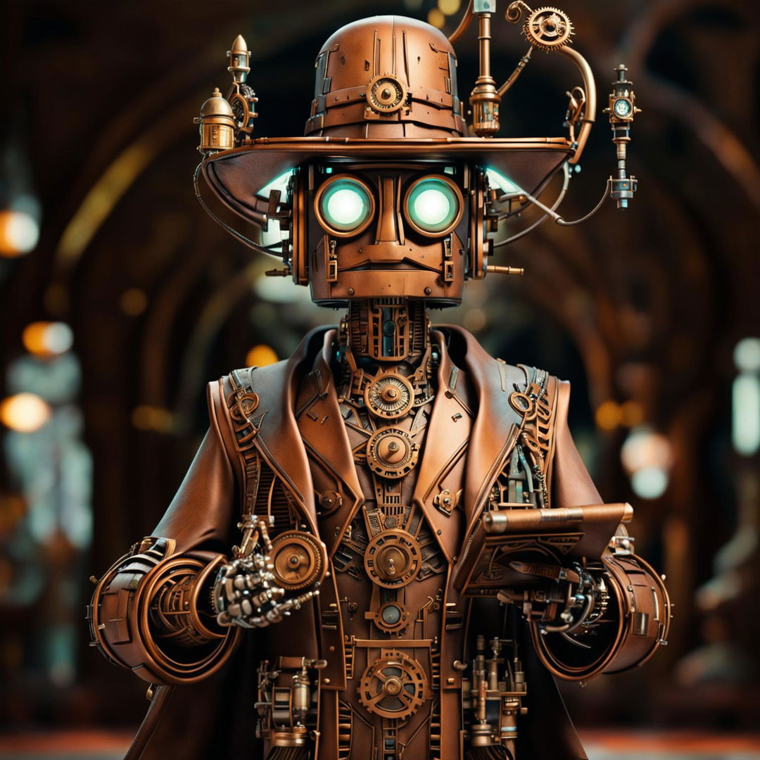 In this digital art piece, a copper robot wizard, dressed in Indiana Jones' attire, holds a glowing runic tablet and has cyan luminous eyes, creating an adventurous and mystical aura