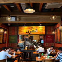 An inviting grill restaurant interior showcasing a unique blend of contemporary and traditional decor inspired by Iraqi folk poetry
