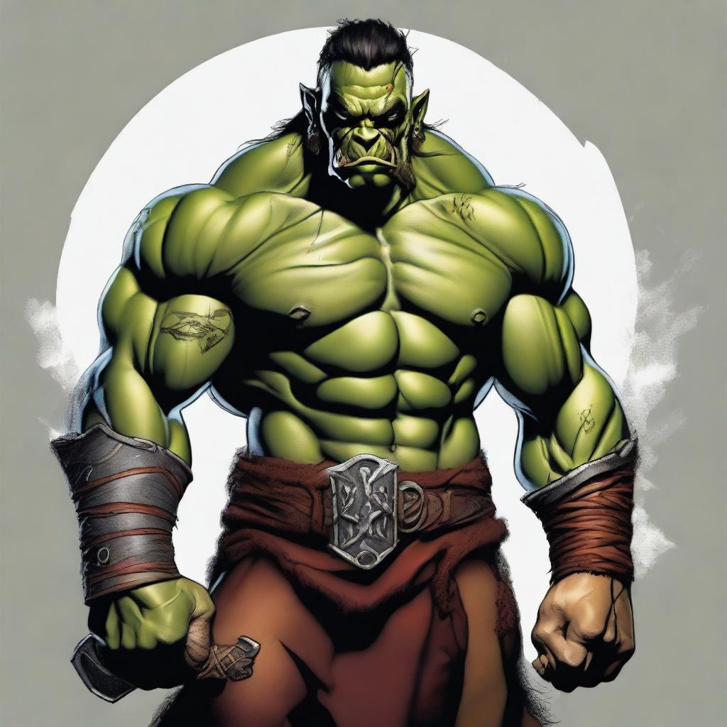 This is a high-quality digital art rendering of a male half-orc barbarian