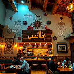 An inviting grill restaurant interior showcasing a unique blend of contemporary and traditional decor inspired by Iraqi folk poetry