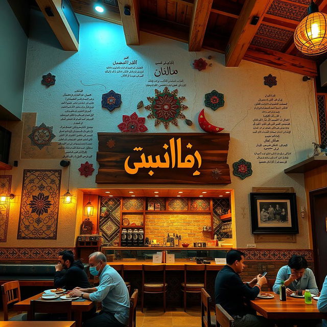 An inviting grill restaurant interior showcasing a unique blend of contemporary and traditional decor inspired by Iraqi folk poetry