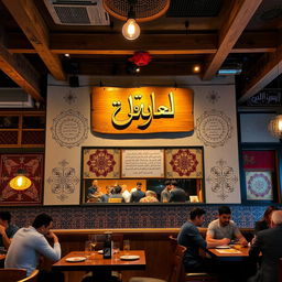 An inviting grill restaurant interior showcasing a unique blend of contemporary and traditional decor inspired by Iraqi folk poetry
