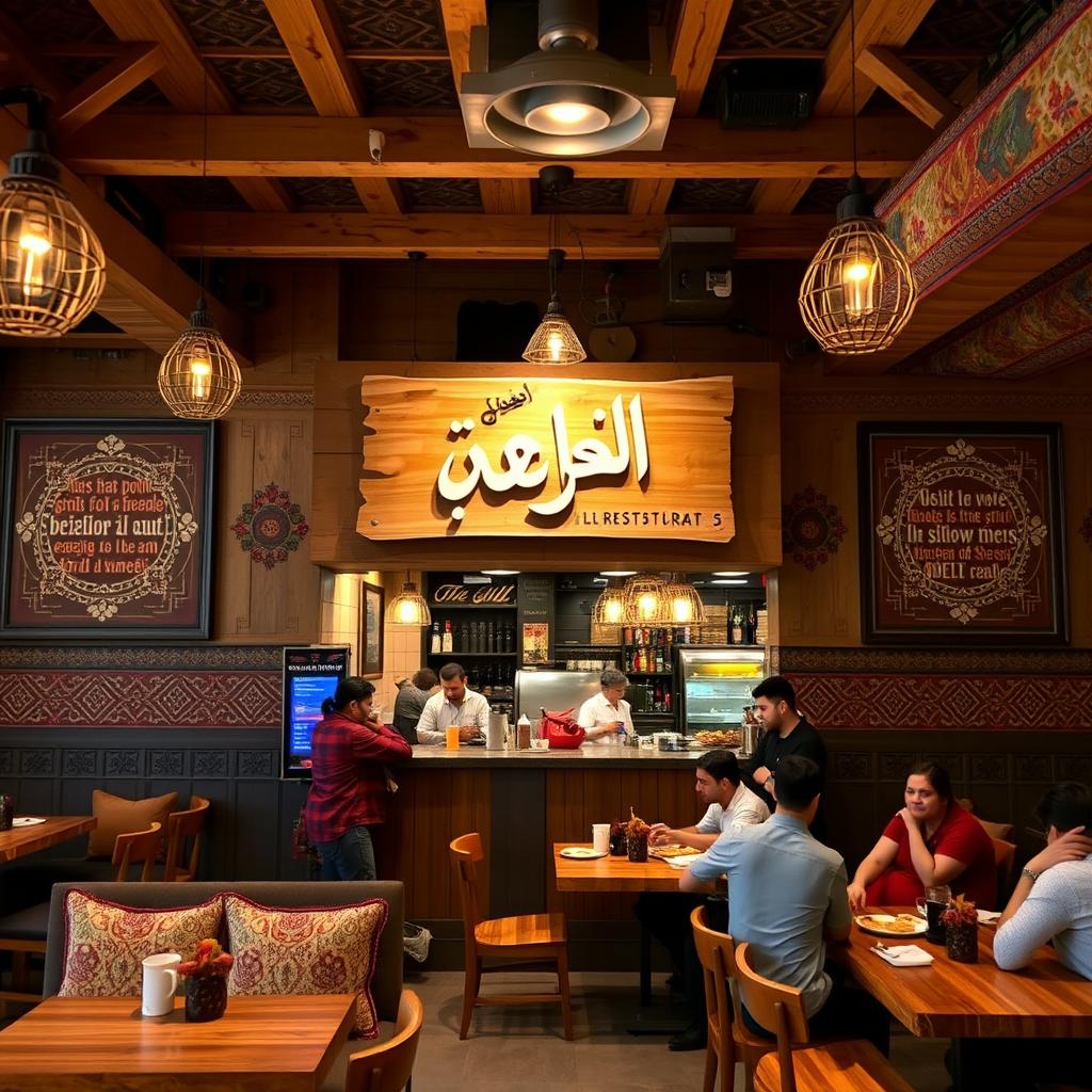 An inviting grill restaurant interior showcasing a unique blend of contemporary and traditional decor inspired by Iraqi folk poetry