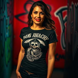 A bold, confident woman wearing a tight Sons of Anarchy t-shirt that accentuates her figure, with the graphic design being stretched across her curves, showcasing her firm attributes