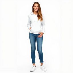 A tall and beautiful model stands confidently against a bright white background