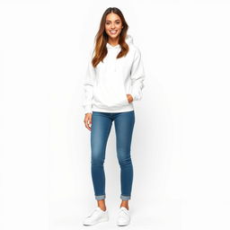 A tall and beautiful model stands confidently against a bright white background