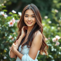 A beautiful young woman posing confidently in a natural setting, showcasing her beauty and grace