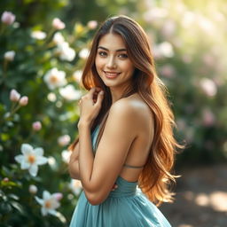 A beautiful young woman posing confidently in a natural setting, showcasing her beauty and grace