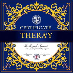 A vibrant, intricately designed award certificate for a therapy qualification, awarded to Dr