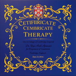 A vibrant, intricately designed award certificate for a therapy qualification, awarded to Dr