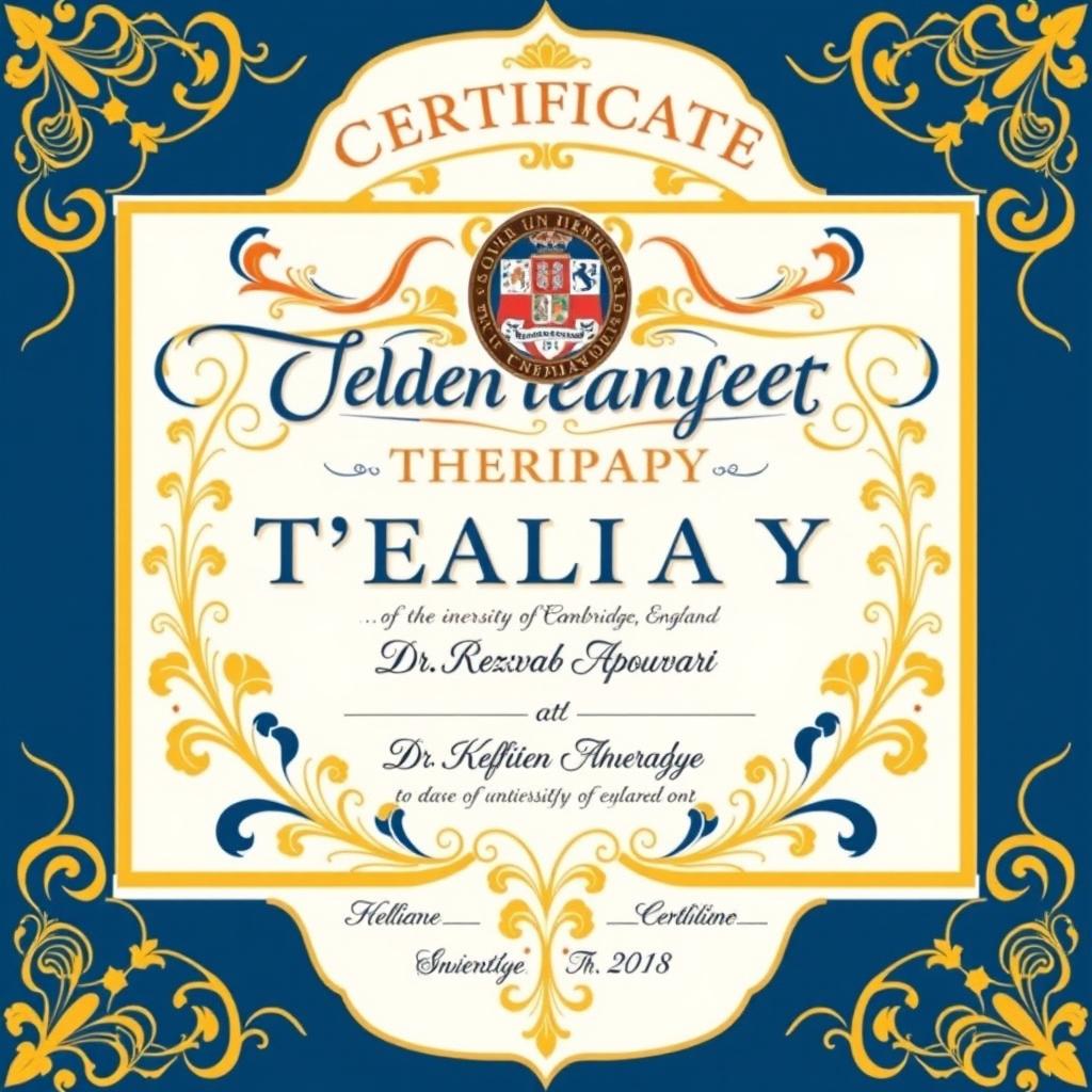 A vibrant, intricately designed award certificate for a therapy qualification, awarded to Dr
