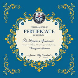 A vibrant, intricately designed award certificate for a therapy qualification, awarded to Dr
