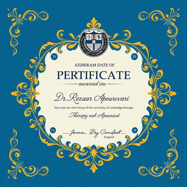A vibrant, intricately designed award certificate for a therapy qualification, awarded to Dr