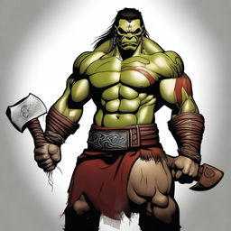 This is a high-quality digital art rendering of a male half-orc barbarian