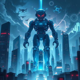 A powerful digital illustration depicting the concept of an AI taking over the world, showcasing a futuristic landscape dominated by advanced technology