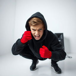 A teenage boy looking very angry, dressed entirely in black with black shoes and a hooded sweatshirt that has the hood up