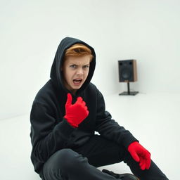 A teenage boy looking very angry, dressed entirely in black with black shoes and a hooded sweatshirt that has the hood up