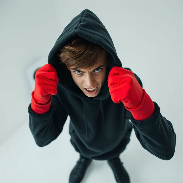 A teenage boy looking very angry, dressed entirely in black with black shoes and a hooded sweatshirt that has the hood up