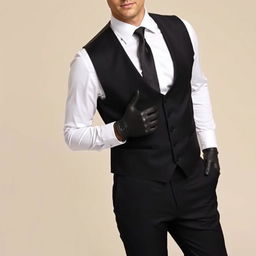 A man dressed in a formal outfit featuring black formal trousers and a long-sleeve white formal shirt