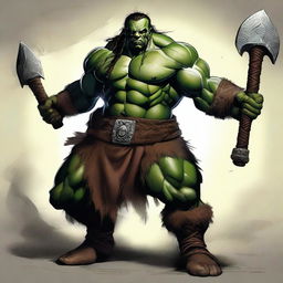 An expertly crafted digital art piece depicts an adult male half-orc barbarian