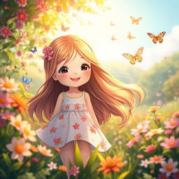 A serene and beautiful scene featuring a cute girl in a dreamy landscape, such as a lush garden filled with colorful flowers and butterflies