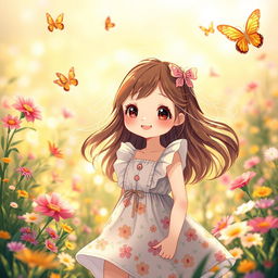 A serene and beautiful scene featuring a cute girl in a dreamy landscape, such as a lush garden filled with colorful flowers and butterflies