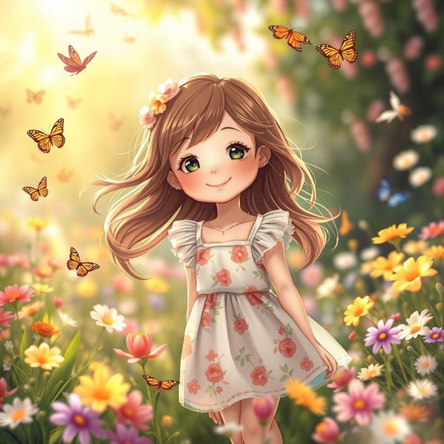 A serene and beautiful scene featuring a cute girl in a dreamy landscape, such as a lush garden filled with colorful flowers and butterflies