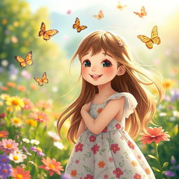 A serene and beautiful scene featuring a cute girl in a dreamy landscape, such as a lush garden filled with colorful flowers and butterflies