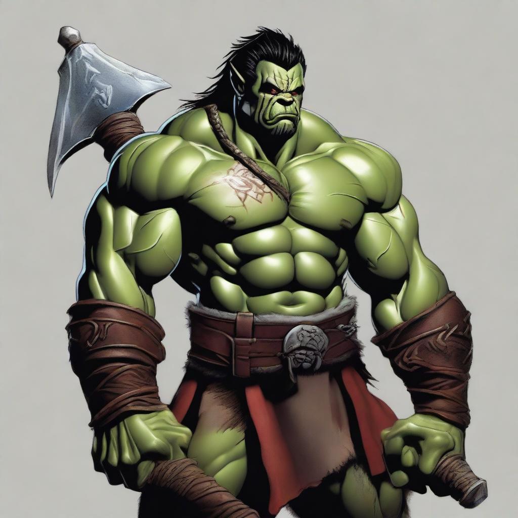 An expertly crafted digital art piece depicts an adult male half-orc barbarian