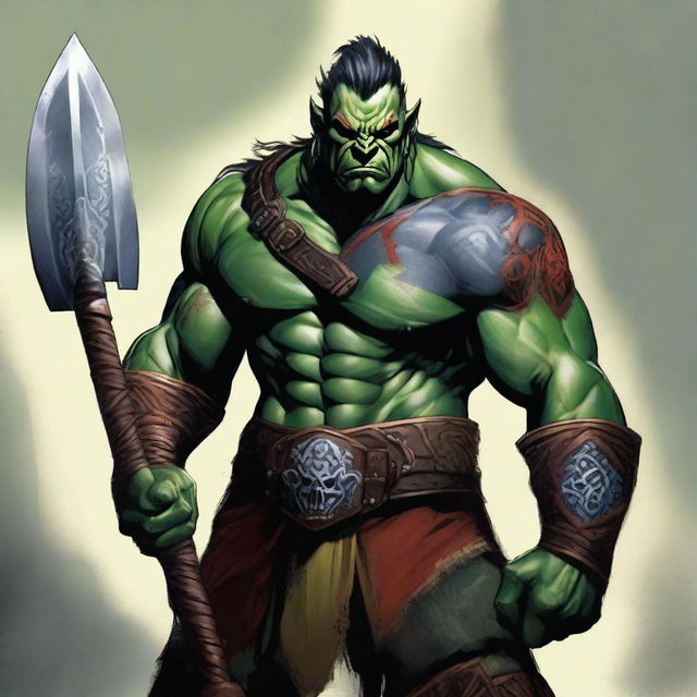 A high-resolution digital art image features an adult male half-orc barbarian donned in medium armor