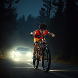 A 15-year-old boy racing on his mountain bike, showcasing an intense mid-pedal action