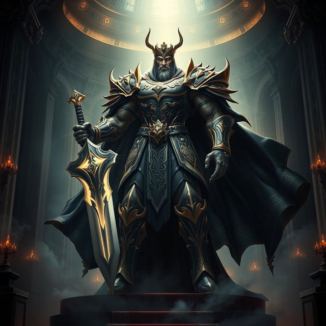 A towering, muscular figure clad in intricately designed black and gold armor, embodying the essence of a god-emperor