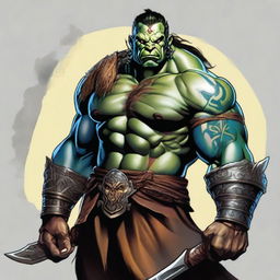 A high-resolution digital art image features an adult male half-orc barbarian donned in medium armor