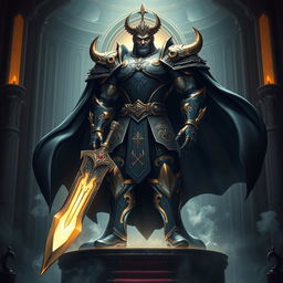 A towering, muscular figure clad in intricately designed black and gold armor, embodying the essence of a god-emperor