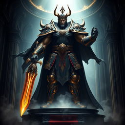 A towering, muscular figure clad in intricately designed black and gold armor, embodying the essence of a god-emperor