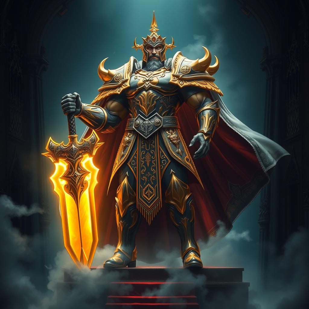 A towering, muscular figure clad in intricately designed black and gold armor, embodying the essence of a god-emperor