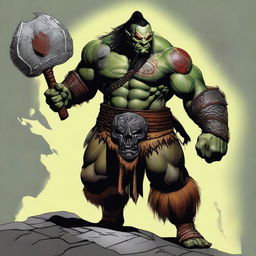 A high-resolution digital art image features an adult male half-orc barbarian donned in medium armor