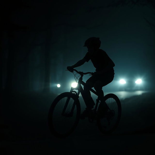 A shadowy figure of a 15-year-old boy racing on his mountain bike, depicted in a dynamic mid-pedal position