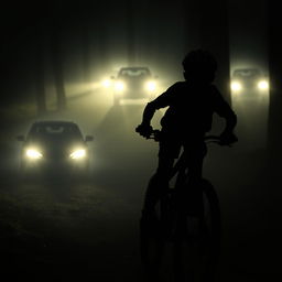 A shadowy figure of a 15-year-old boy racing on his mountain bike, depicted in a dynamic mid-pedal position