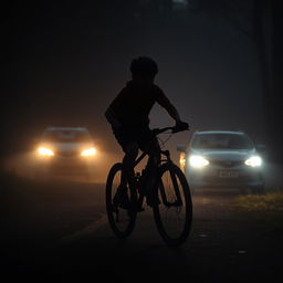 A shadowy figure of a 15-year-old boy racing on his mountain bike, depicted in a dynamic mid-pedal position