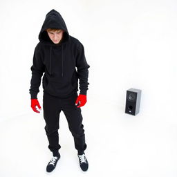An angry teenager dressed entirely in black, wearing black shoes and a black hoodie with the hood up, his face partially obscured
