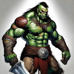 A high-resolution digital art image features an adult male half-orc barbarian donned in medium armor